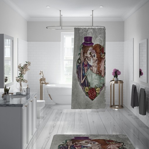 Gothic Bathroom Decor with Kissing Skulls Shower Curtain and Unique Shower Curtain Ideas - Image 3