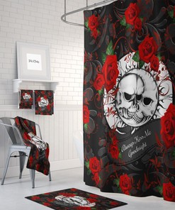 Gothic Celestial Skull Shower Curtain Set with Red and Black Bath Accessories for Gothic Bathroom Decor