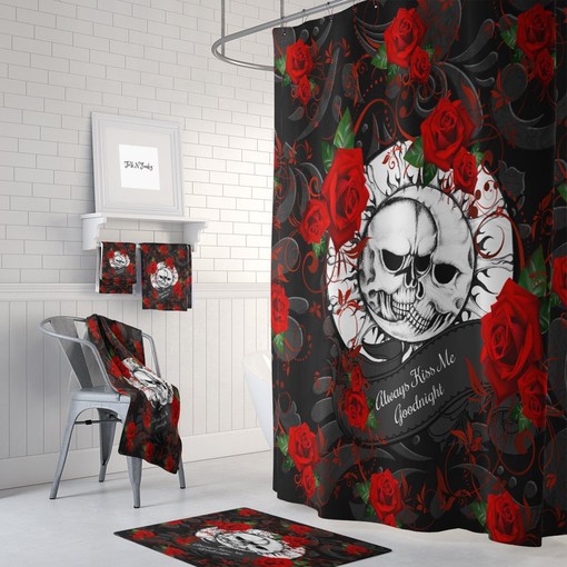 Gothic Celestial Skull Shower Curtain Set with Red and Black Bath Accessories for Gothic Bathroom Decor
