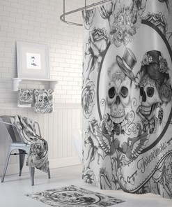 Gothic Day of the Dead Skull Shower Curtain Set - Crow, Owl, and Rose Design for a Mysterious Touch