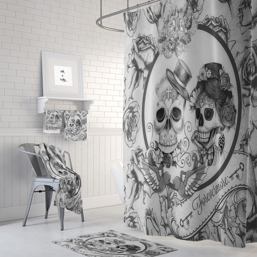 Gothic Day of the Dead Skull Shower Curtain Set - Crow, Owl, and Rose Design for a Mysterious Touch