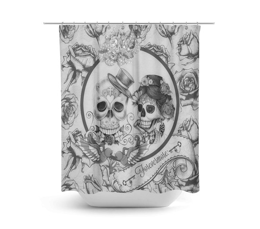 Gothic Day of the Dead Skull Shower Curtain Set - Crow, Owl, and Rose Design for a Mysterious Touch - Image 2