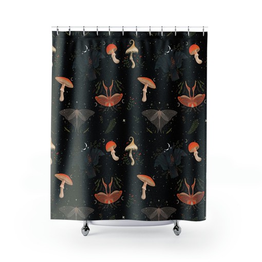 Gothic Midcentury Modern Mushroom Bathroom Curtain - Image 2