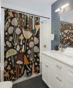 Gothic Midcentury Modern Vintage Mushroom Print Bathroom Curtain