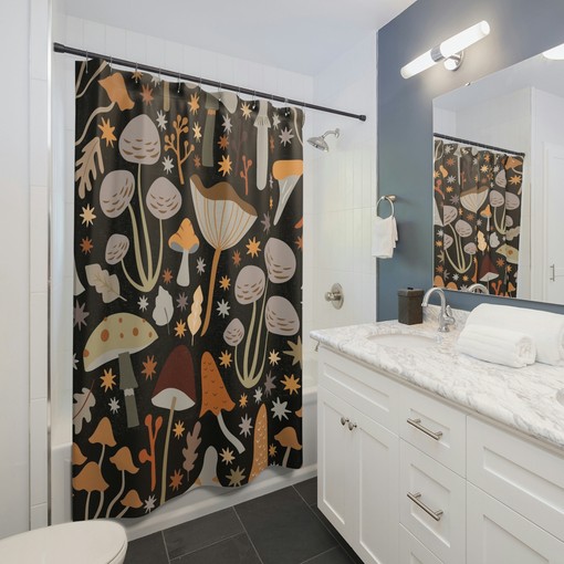 Gothic Midcentury Modern Vintage Mushroom Print Bathroom Curtain
