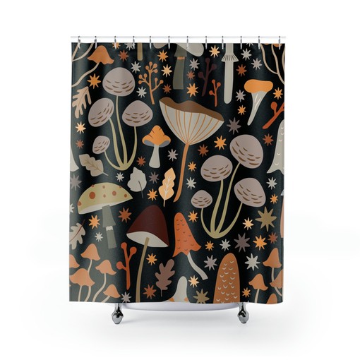 Gothic Midcentury Modern Vintage Mushroom Print Bathroom Curtain - Image 2