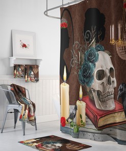 Gothic Skull Shower Curtain Set - Creepy Accessories Included