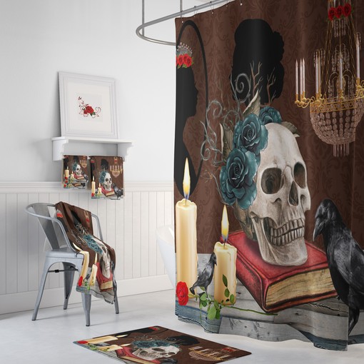 Gothic Skull Shower Curtain Set - Creepy Accessories Included