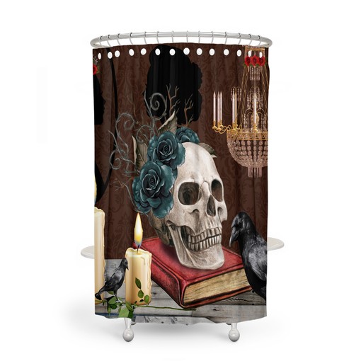 Gothic Skull Shower Curtain Set - Creepy Accessories Included - Image 2