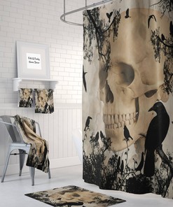 Gothic Skull and Crows Shower Curtain with Dark Bath Accessories for Gothic Bathroom Decor