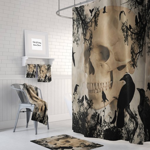 Gothic Skull and Crows Shower Curtain with Dark Bath Accessories for Gothic Bathroom Decor
