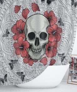 Gothic Sugar Skull and Poppies Floral Shower Curtain - Unique Bath Curtain with Skull for Spooky Bathroom Decor