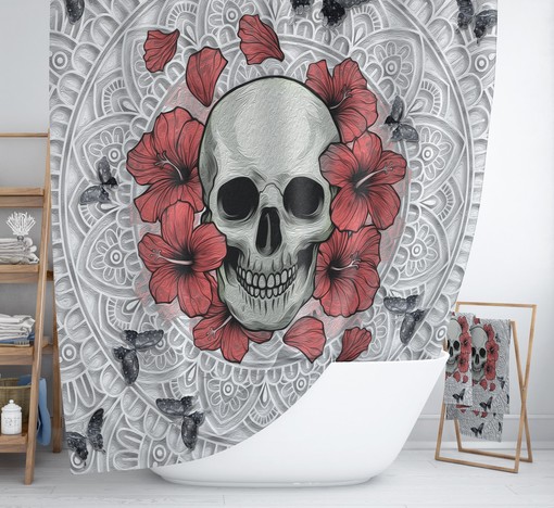 Gothic Sugar Skull and Poppies Floral Shower Curtain - Unique Bath Curtain with Skull for Spooky Bathroom Decor