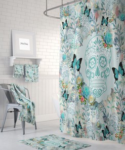 Gothic Teal Floral Sugar Skull Shower Curtain Set - Matching Towels and Mat for Spooky Bathroom Decor