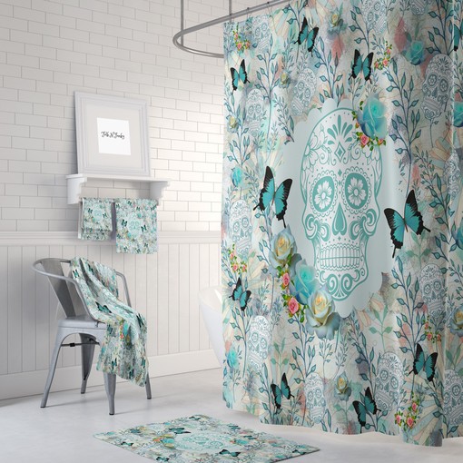 Gothic Teal Floral Sugar Skull Shower Curtain Set - Matching Towels and Mat for Spooky Bathroom Decor