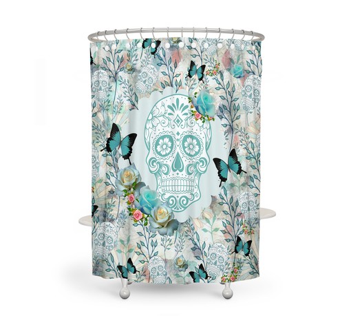 Gothic Teal Floral Sugar Skull Shower Curtain Set - Matching Towels and Mat for Spooky Bathroom Decor - Image 2