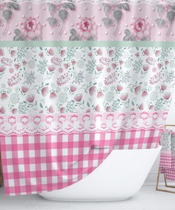 Granny Chic Pink Floral and Gingham Shower Curtain Set - Vintage and Charming Bathroom Decor
