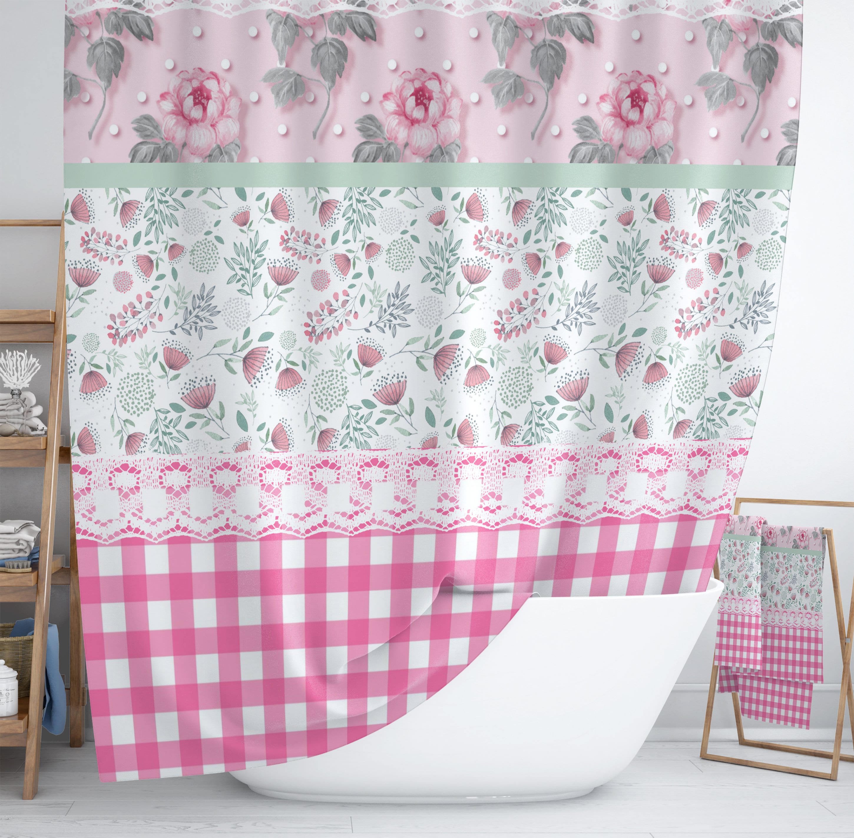 Granny Chic Pink Floral and Gingham Shower Curtain Set - Vintage and Charming Bathroom Decor