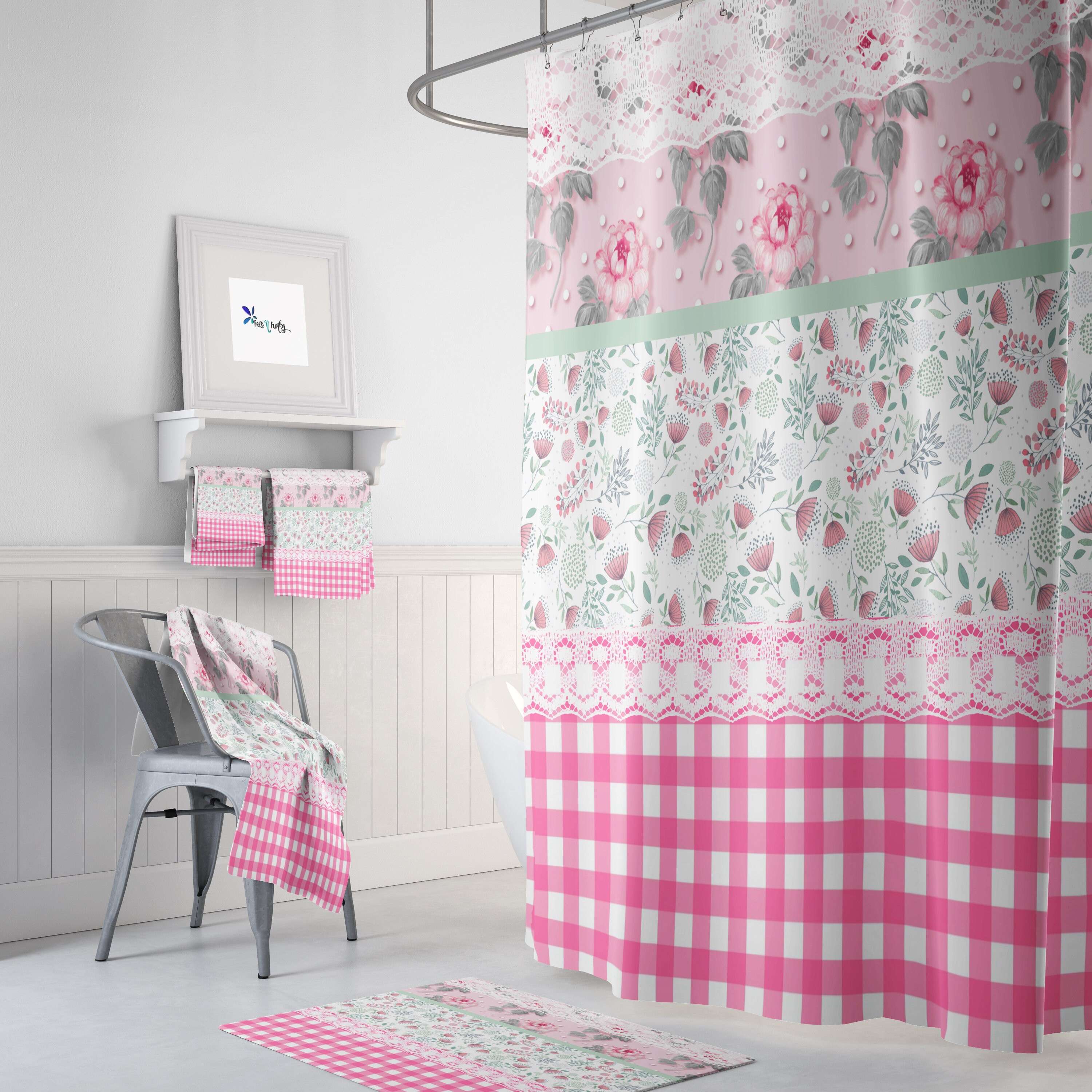 Granny Chic Pink Floral and Gingham Shower Curtain Set - Vintage and Charming Bathroom Decor - Image 2