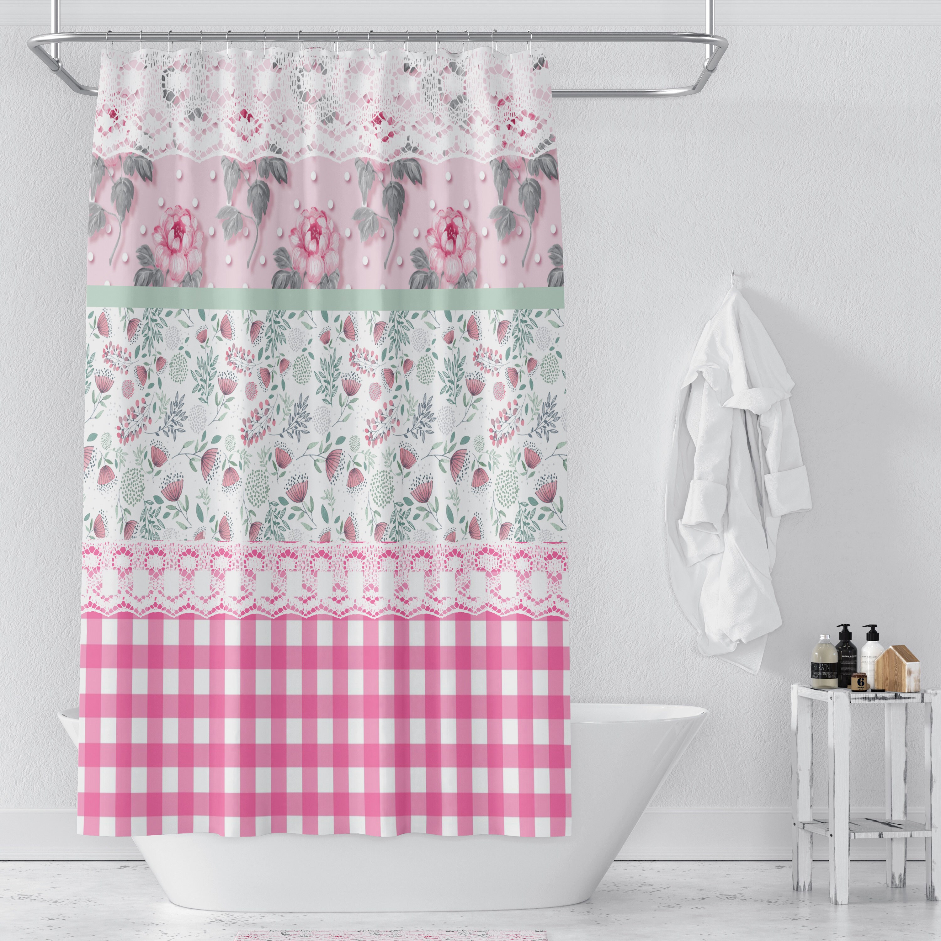 Granny Chic Pink Floral and Gingham Shower Curtain Set - Vintage and Charming Bathroom Decor - Image 3