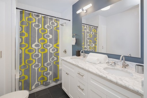 Gray Mid Century Modern Shower Curtain, Vintage Retro Apartment Bathroom Decor - Image 2