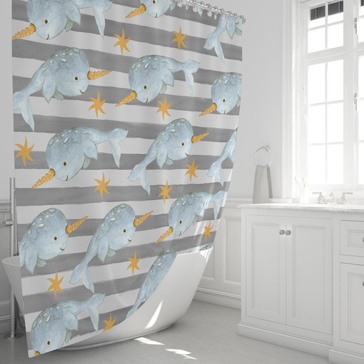 Gray Narwhal Shower Curtain with Oceanic Bathroom Decor for Underwater Wonders