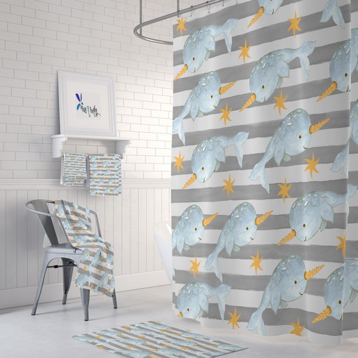 Gray Narwhal Shower Curtain with Oceanic Bathroom Decor for Underwater Wonders - Image 2