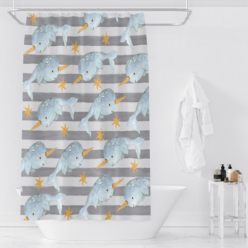 Gray Narwhal Shower Curtain with Oceanic Bathroom Decor for Underwater Wonders - Image 3