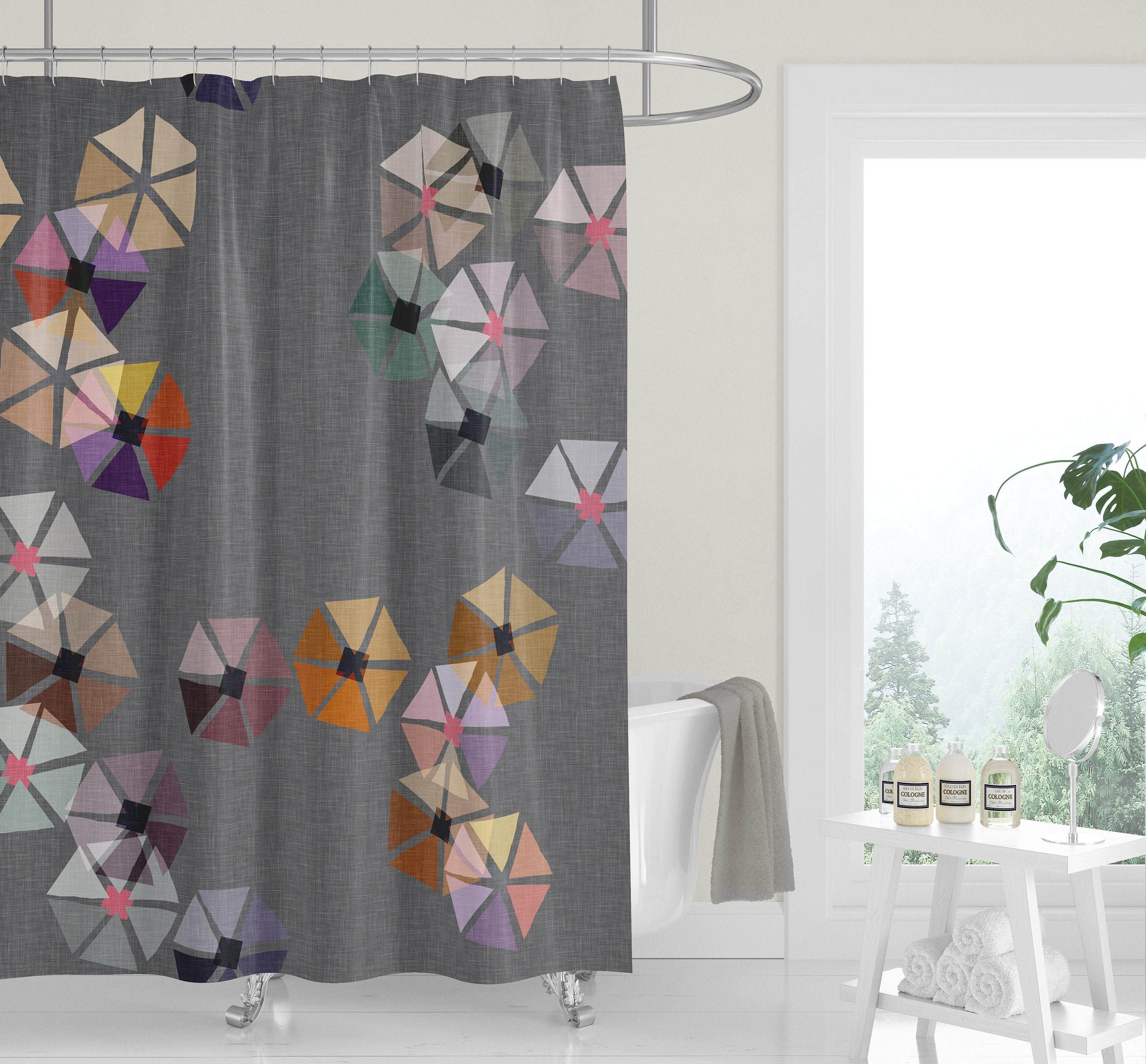 Gray and Multi-Color Geometric Minimalist Cutouts Shower Curtain, Neutral Modern Bath Decor