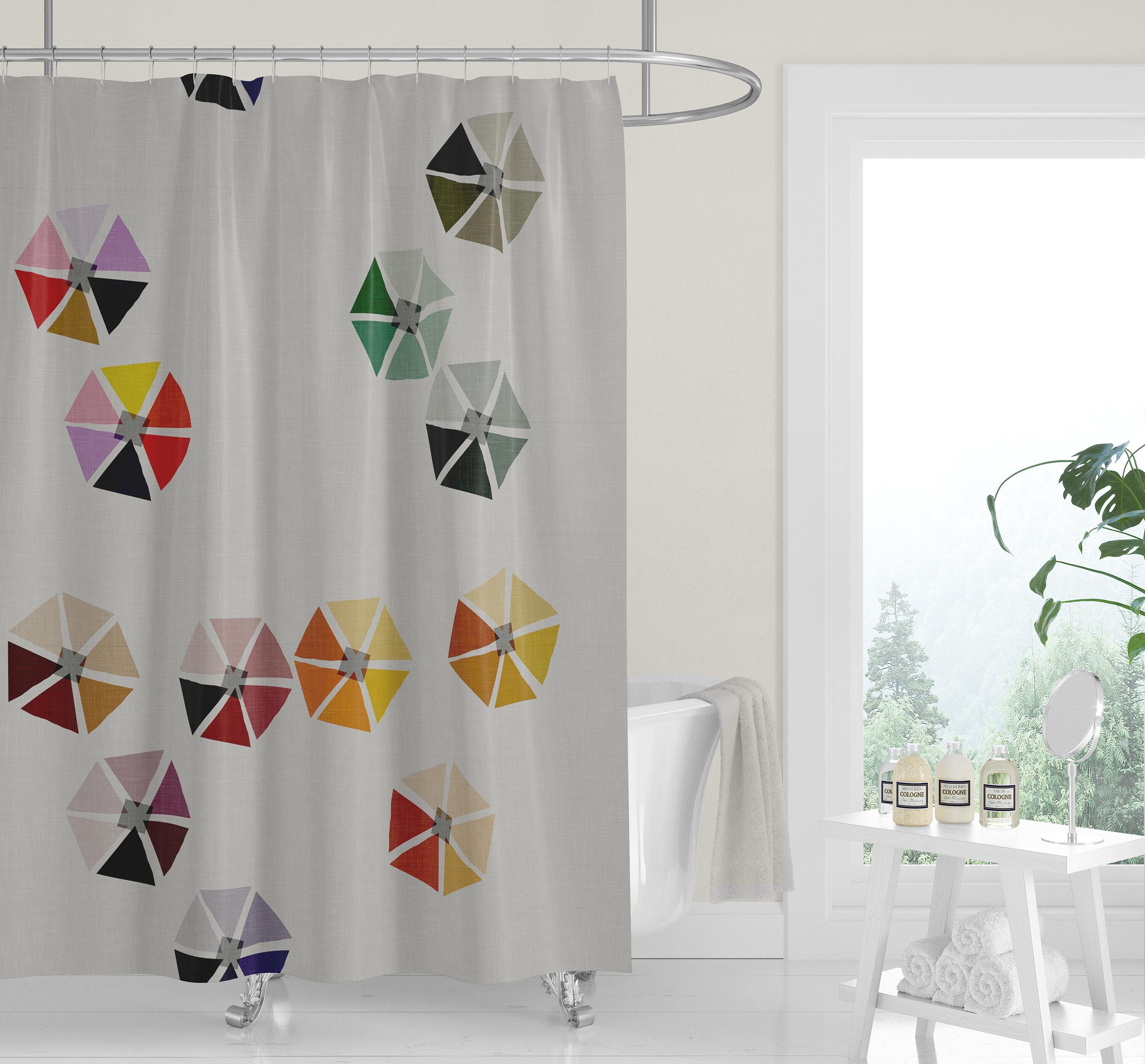 Gray and Multi-Color Geometric Minimalist Cutouts Shower Curtain, Neutral Modern Bath Decor - Image 2