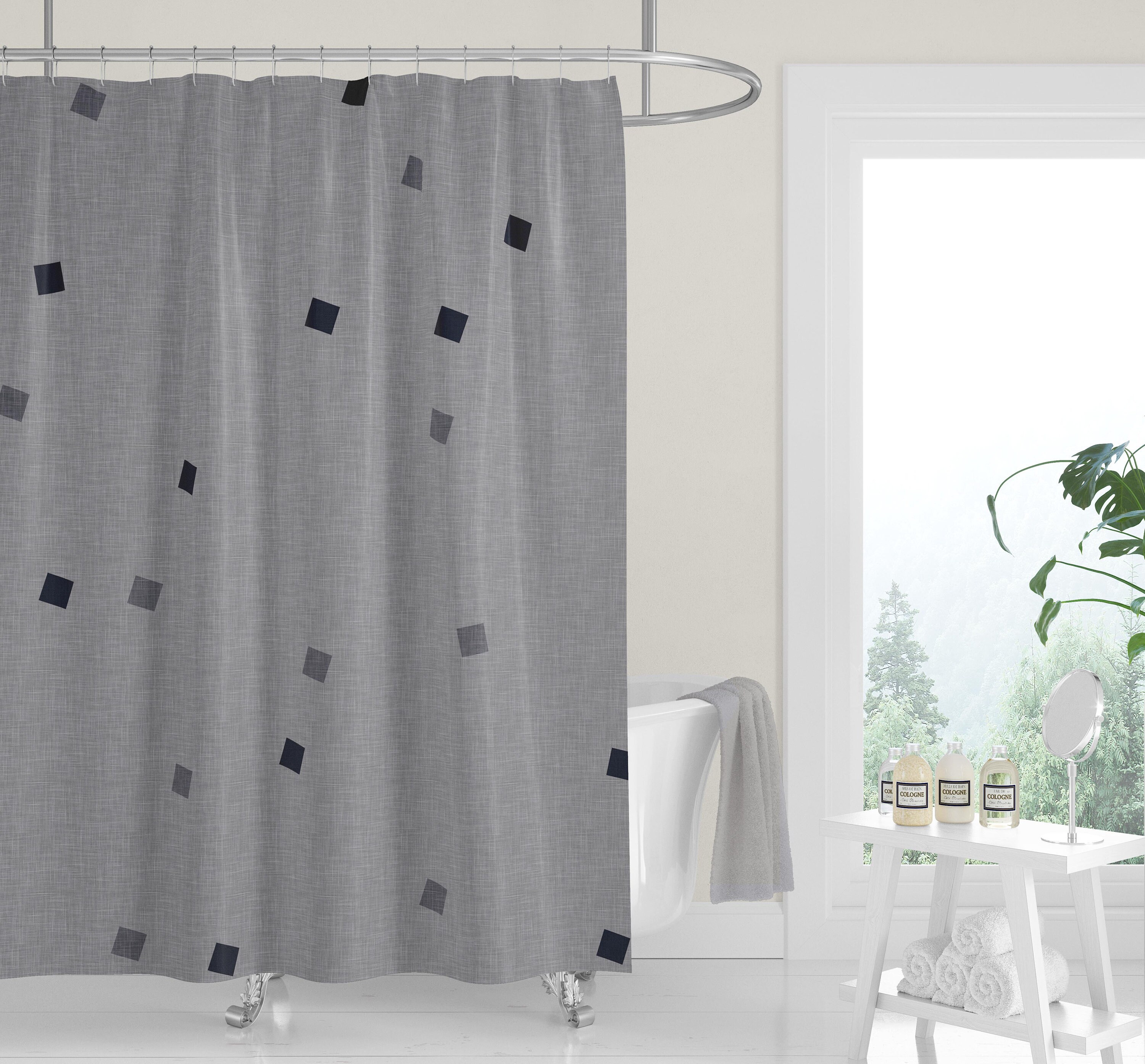 Gray and Multi-Color Geometric Minimalist Cutouts Shower Curtain, Neutral Modern Bath Decor - Image 3