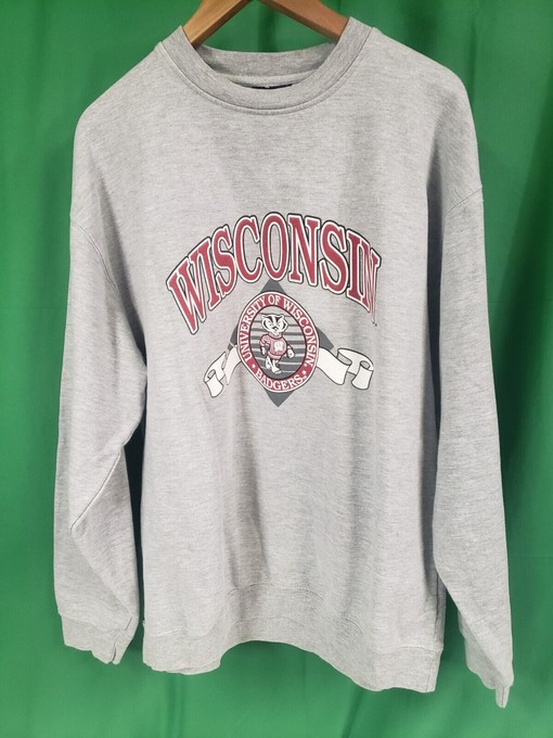 Great NCAA Gift for Fans: Vintage University Wisconsin Badgers Bucky Gray Crewneck Sweatshirt