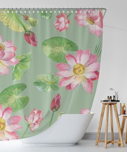 Green Boho Lotus Floral Shower Curtain / Botanical Bathroom Decor / Fabric Bath Curtain / Spring Bath Decor