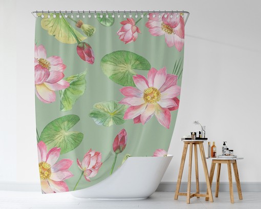 Green Boho Lotus Floral Shower Curtain / Botanical Bathroom Decor / Fabric Bath Curtain / Spring Bath Decor