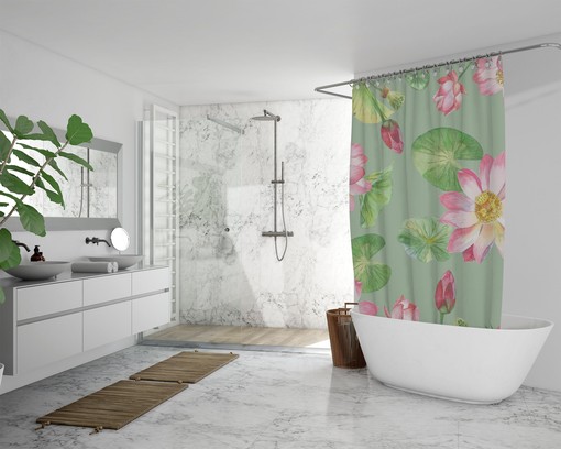 Green Boho Lotus Floral Shower Curtain / Botanical Bathroom Decor / Fabric Bath Curtain / Spring Bath Decor - Image 3