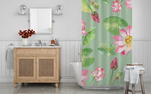 Green Boho Lotus Floral Shower Curtain / Botanical Bathroom Decor / Fabric Bath Curtain / Spring Bath Decor - Image 4