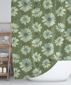 Green Botanical Floral Shower Curtain, Luxury and Modern Boho Bathroom Design