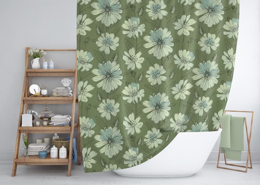 Green Botanical Floral Shower Curtain, Luxury and Modern Boho Bathroom Design