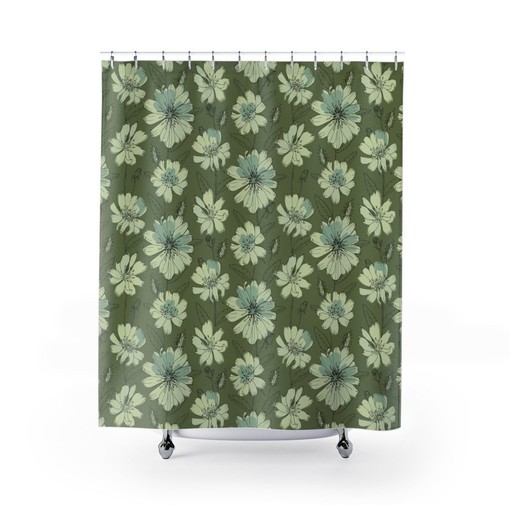Green Botanical Floral Shower Curtain, Luxury and Modern Boho Bathroom Design - Image 2