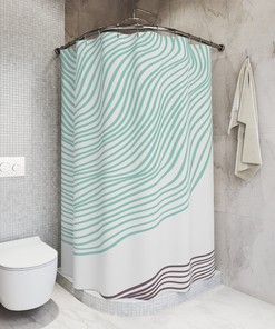 Green Brown Waves Abstract Art Shower Curtain or Mat, Minimalistic Contemporary Curtain for Apartment Bathroom Decor