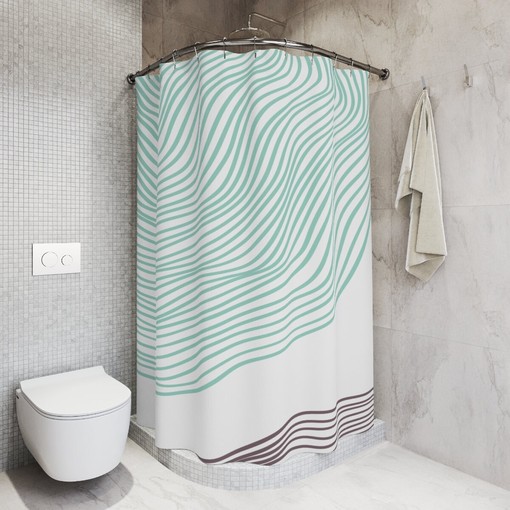 Green Brown Waves Abstract Art Shower Curtain or Mat, Minimalistic Contemporary Curtain for Apartment Bathroom Decor