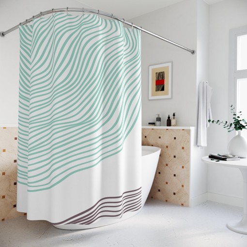 Green Brown Waves Abstract Art Shower Curtain or Mat, Minimalistic Contemporary Curtain for Apartment Bathroom Decor - Image 2
