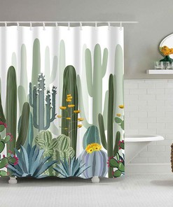 Green Cacti Botanical Shower Curtain | Desert Plants Fabric | Bathroom Decor