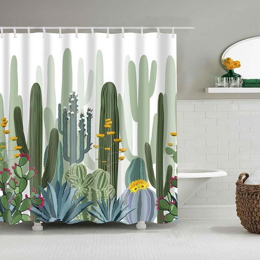 Green Cacti Botanical Shower Curtain | Desert Plants Fabric | Bathroom Decor