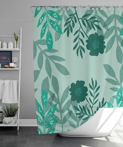 Green Floral Shower Curtain, Customizable Size, Botanical Flower and Leaves Fabric Bathroom Curtain