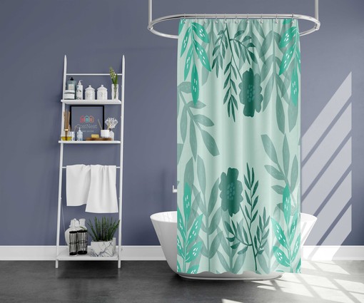 Green Floral Shower Curtain, Customizable Size, Botanical Flower and Leaves Fabric Bathroom Curtain - Image 2