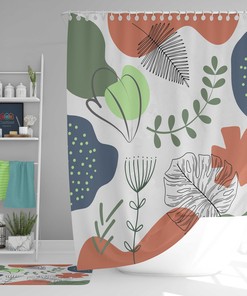 Green Leaves Boho Shower Curtain, Bohemian Abstract Retro Fabric, Unique Home Bathroom Decor Accessory