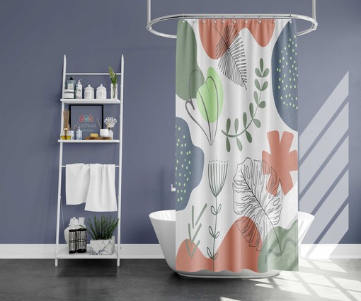 Green Leaves Boho Shower Curtain, Bohemian Abstract Retro Fabric, Unique Home Bathroom Decor Accessory - Image 2