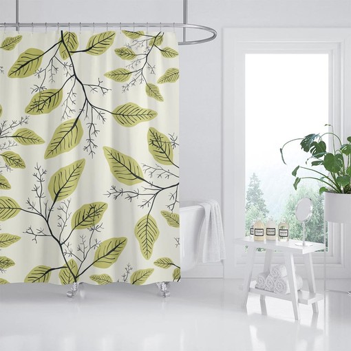 Green Leaves Shower Curtain with Hooks - Heavy Duty Fabric for Your Bathroom Decor - Image 2