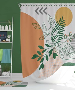Green Leaves Sun Boho Shower Curtain, Bohemian Abstract Retro Fabric, Unique Home Bathroom Decor Accessory